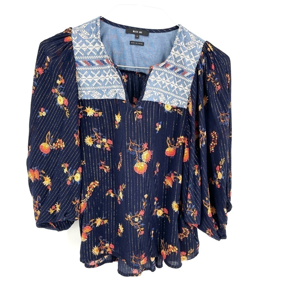MISS ME Boho Aztec Floral Metallic casual Stripe Ruffle 3/4 VNeck Blouse Top